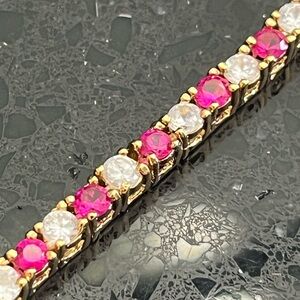 Ruby red CZ diamond classic round brilliant cut tennis line bracelet gold ladies